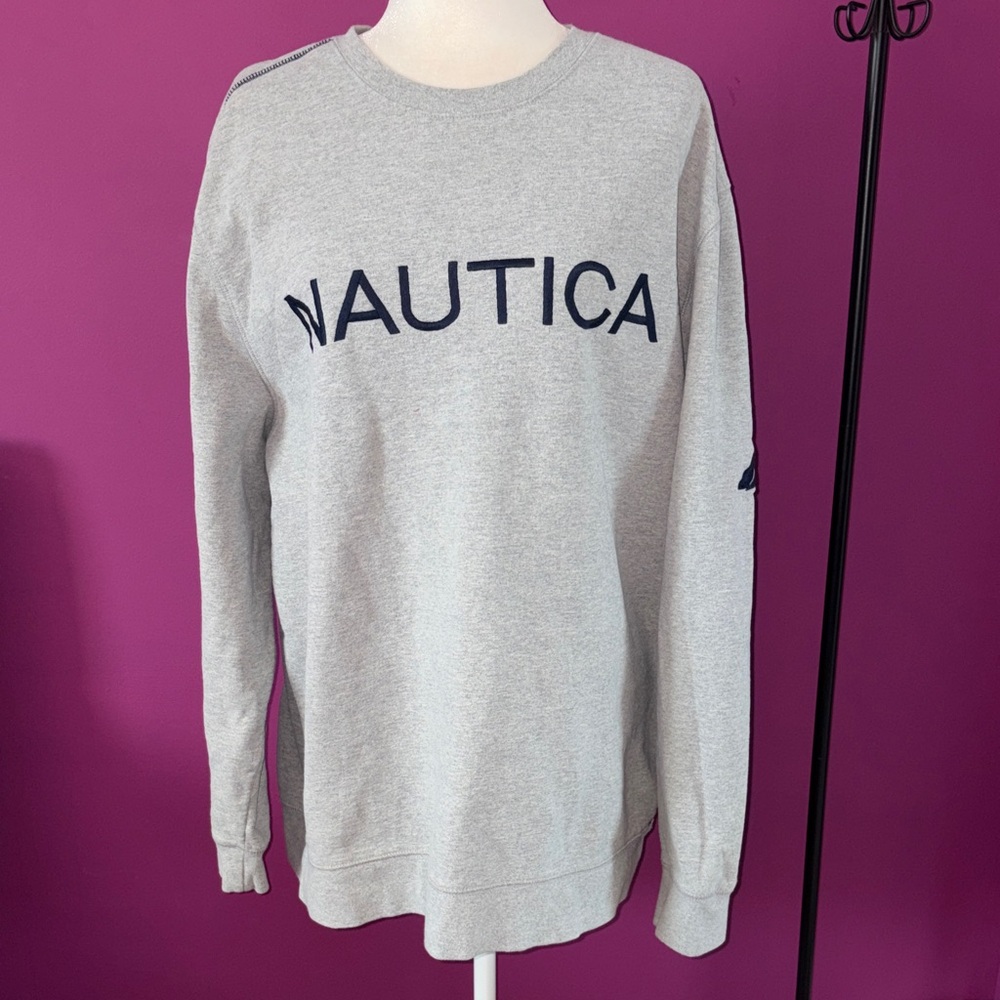 MENS Nautica Light Gray Crewneck Sweatshirt with Navy Logo - Picture 3 of 6
